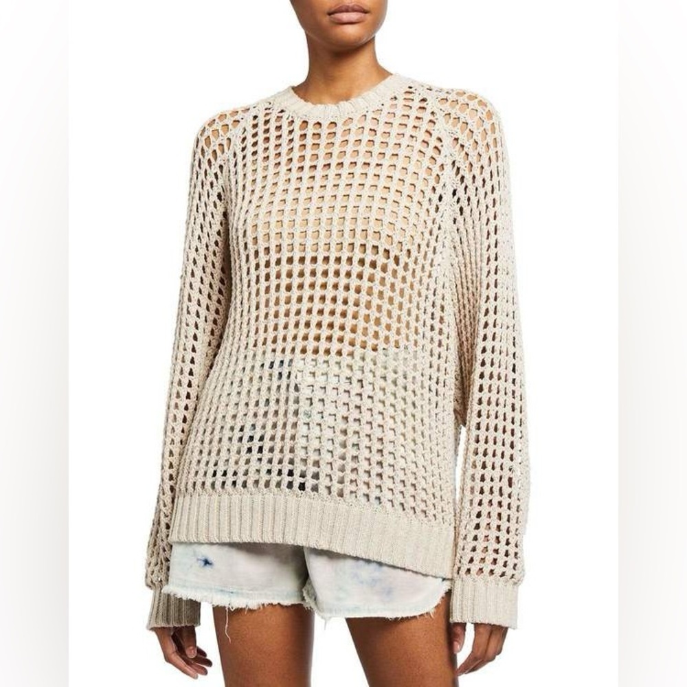 Iro Manah Crochet Beige Open Weave 2021 Cotton Blend Crew Neck Top Size Small